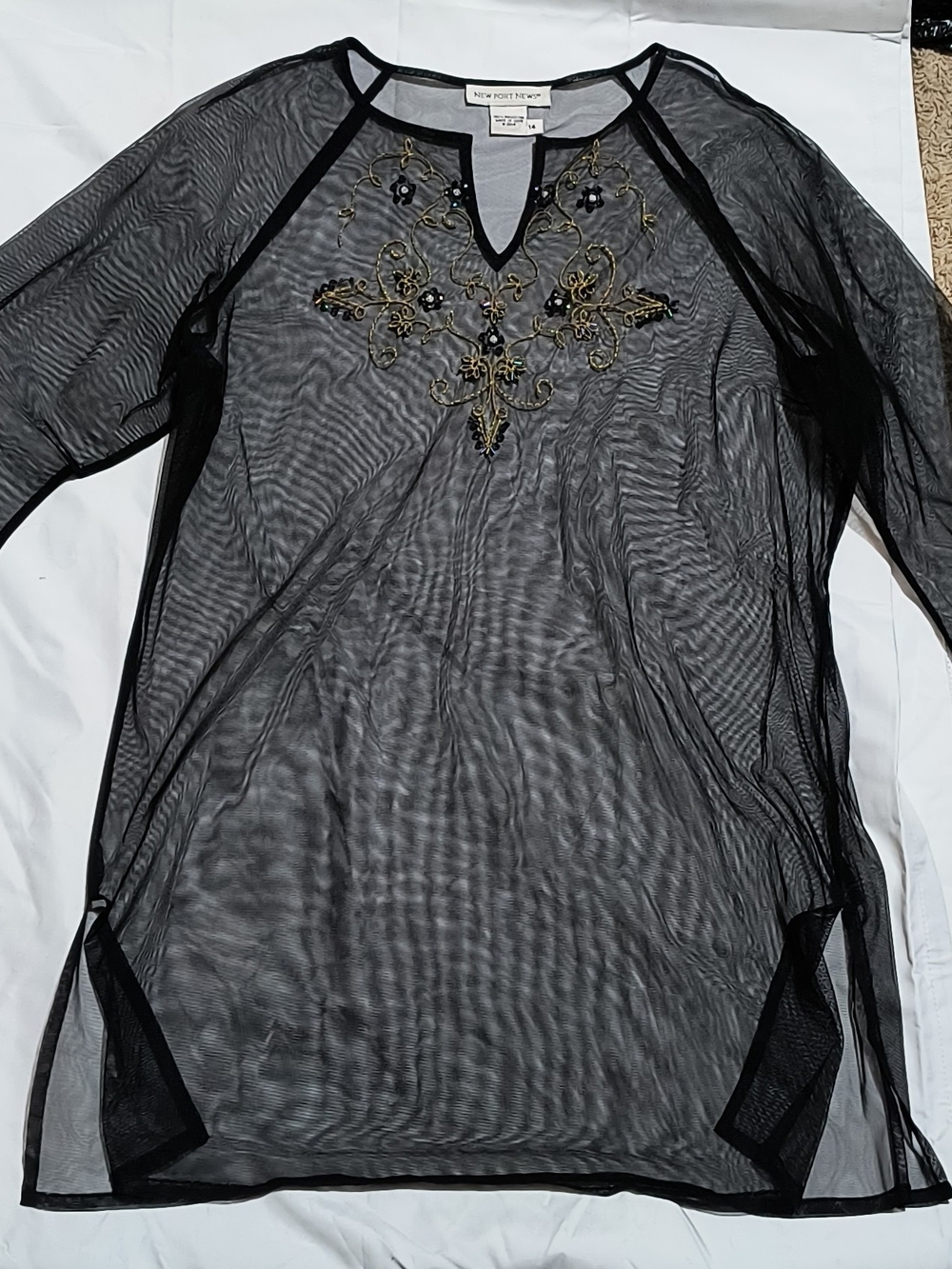 Newport News Black Sheer Embellished Tunic Top